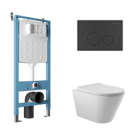 Комплект Aqueduto AQDS089 Унитаз подвесной Cone безободковый, с микролифтом + Система инсталляции для унитазов Tecnica Novo + Кнопка смыва Circulo черная матовая