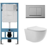 Комплект Aqueduto AQDS024: инсталляция Tecnica, кнопка Quadrado - хром, унитаз OVO безободковый, сиденье с микролифтом, белый глянцевый