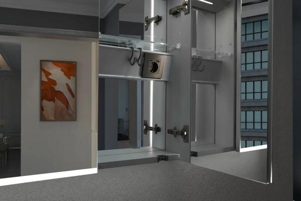 зеркальный шкаф esbano es-3812d 120х70см для ванной с инфракрасным выключателем, с подогревом большой дверки, с крючком для фена, с led-подсветкой корпуса и внутренней подсветкой двух отделов