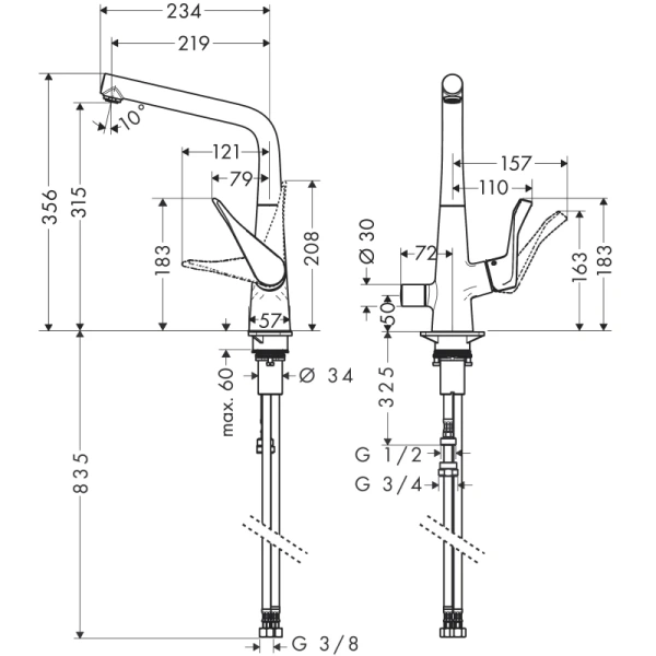 смеситель для кухни hansgrohe metris m71 14888000, хром