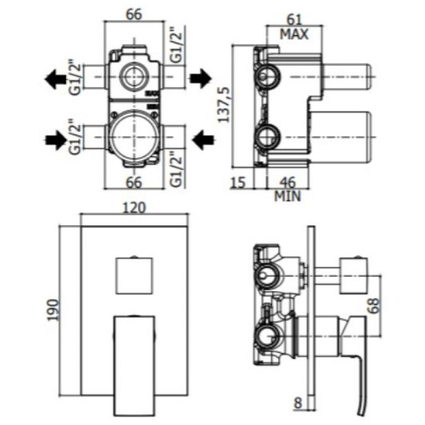 смеситель paffoni elle el018no/m для душа, встраиваемый, с внутренней частью, черный матовый