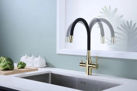 смеситель для кухни с подключением к фильтру paulmark salix sa213419-g, цвет золото/ черный