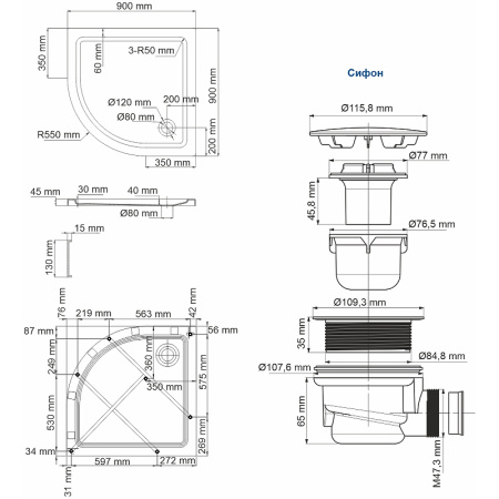 душевой поддон wasserkraft isen 90×90 26t01 белый глянец