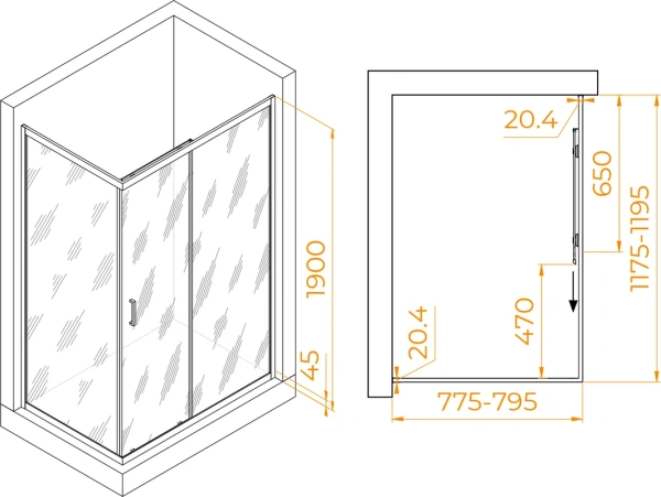 душевой уголок rgw passage pa-245b 80х120 см, профиль черный, стекло прозрачное