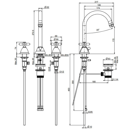 смеситель fima carlo frattini olivia f5001or для раковины, на 3 отв., золото