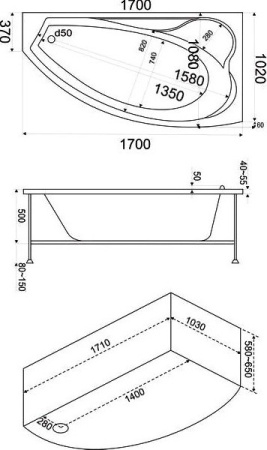 акриловая ванна bas николь 170х100 r без гидромассажа