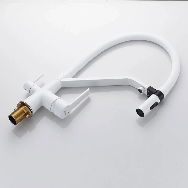 смеситель для кухни shevanik s278c с подключением к фильтру, гибким изливом, белый