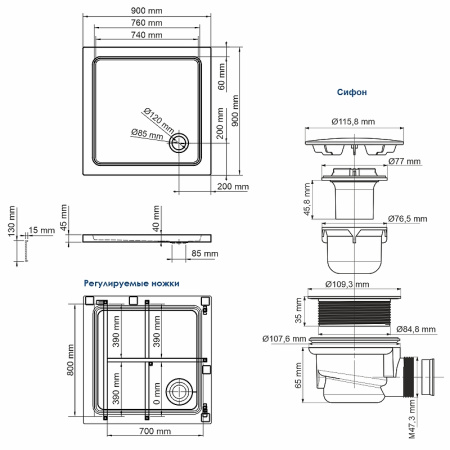 душевой поддон wasserkraft amper 90×90 29t03 белый глянец