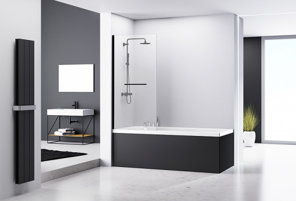 шторка на ванну abber immer offen 100х140 ag70100b профиль черный, стекло прозрачное