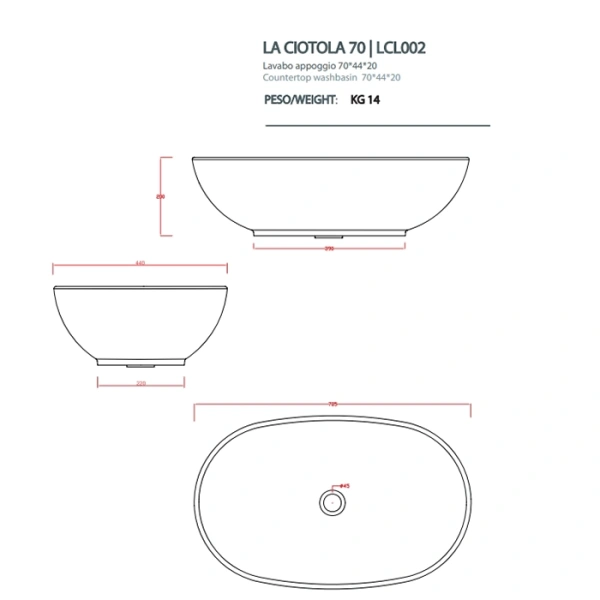 раковина накладная 70 см artceram la ciotola lcl002 01 00, белая