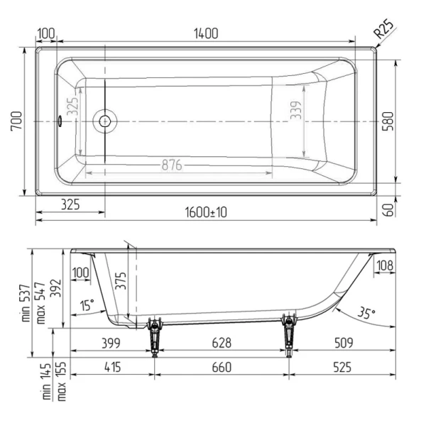 чугунная ванна wotte line 1600x700 без антискользящего покрытия
