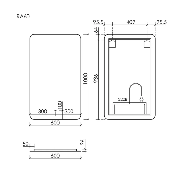 зеркало для ванной комнаты sancos ray 600х1000 c подсветкой, ra600