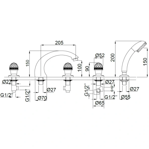 смеситель на борт ванны migliore axo swarovski 18506, золото