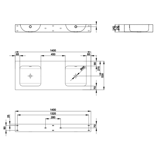 раковина подвесная 140 см bette one a142-000 plus betteglasur® plus, цвет: белый