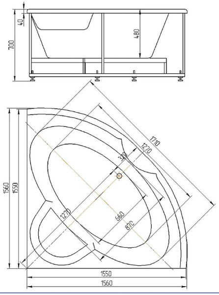 акриловая ванна aquatek поларис-2 155х155 pol2-0000041 без гидромассажа с фронтальной панелью с каркасом (вклеенный) со слив-переливом