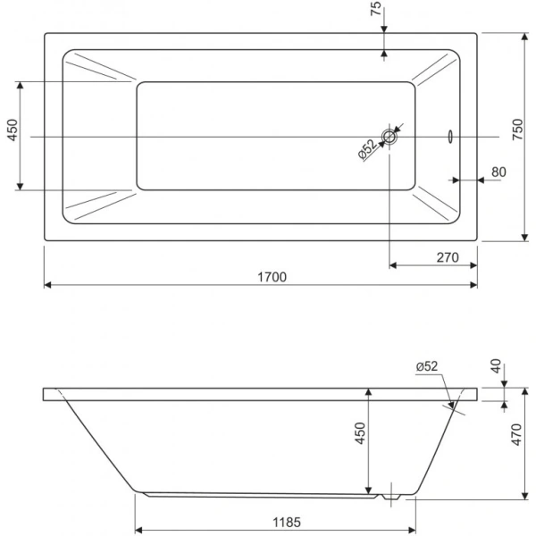 акриловая ванна cezares plane solo 170x75 plane solo-170-75-45-w37 без гидромассажа