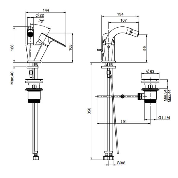 смеситель fima carlo frattini serie 22 f3842ns.1 для биде, на 1 отв., с донным клапаном, чёрный матовый