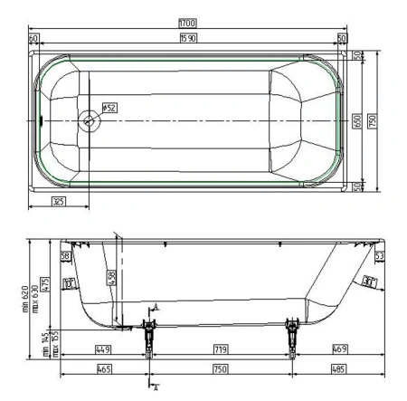 чугунная ванна wotte start 1700x750 без антискользящего покрытия