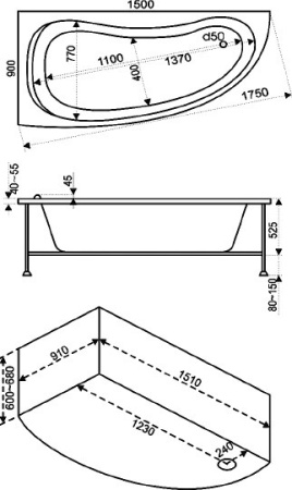 акриловая ванна bas алегра 150x90 l без гидромассажа