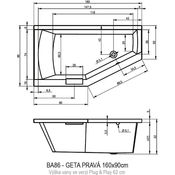 акриловая ванна riho geta 160х90 r b029008005 (bd4600500000000) без гидромассажа