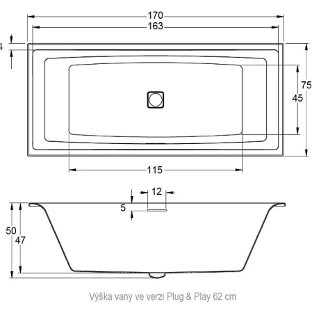 акриловая ванна riho still square elite 170x75 l b100031005 (bd1400500000000) без гидромассажа