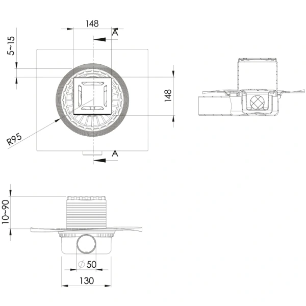 душевой трап berges zentrum norma 150x150 090363 с решеткой хром матовый