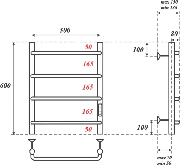полотенцесушитель point ника pn08856 электрический, 50x60 см, хром