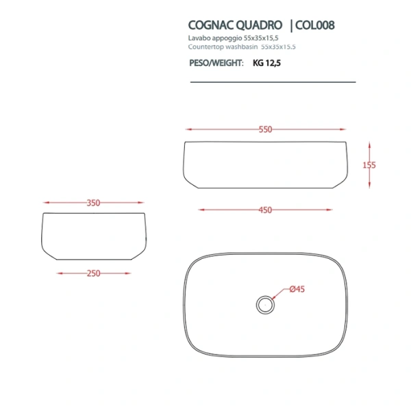 раковина artceram cognac quadro col008 05 00 накладная, без отв., без перелива, на столешницу, saniglaze, 55x35xh15.5 см, белый матовый