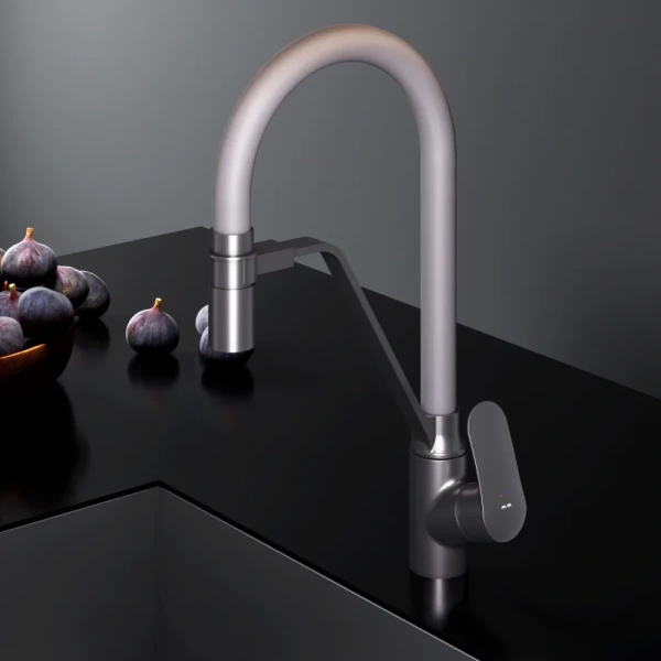 смеситель для кухни am.pm like f8007825 с гибким изливом, серый/ черный