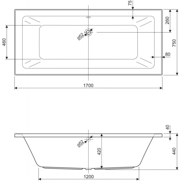акриловая ванна cezares plane mini 170x75 plane mini-170-75-42-w37 без гидромассажа