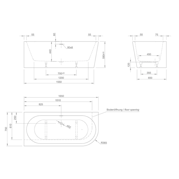 акриловая ванна knief wall 0100-255-r 165x75*58 см в левый угол