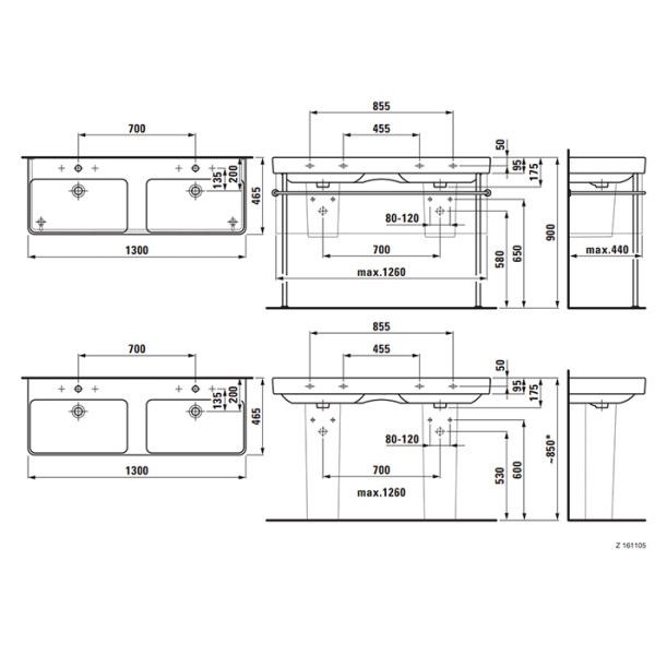 раковина двойная laufen pro s 8.1496.8.000.104.1 130x46.5см., подвесная, с 1 отв., на каждую раковину, цвет: белый глянцевый