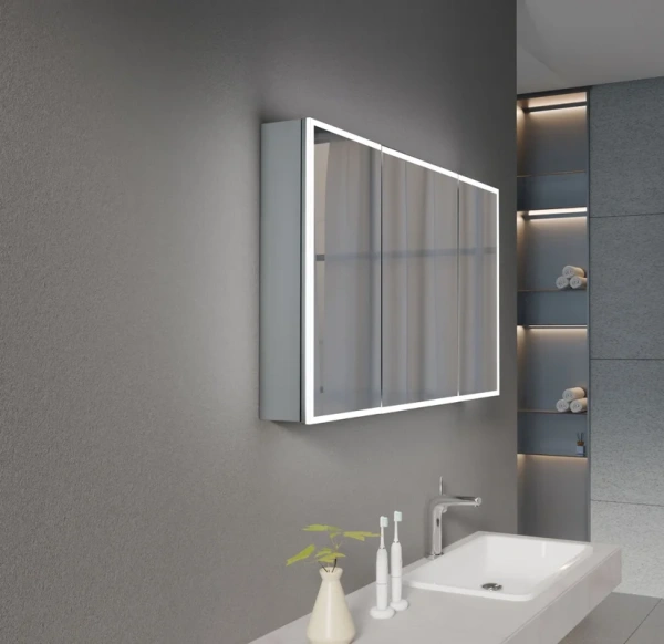 зеркальный шкаф esbano es-3812d 120х70см для ванной с инфракрасным выключателем, с подогревом большой дверки, с крючком для фена, с led-подсветкой корпуса и внутренней подсветкой двух отделов