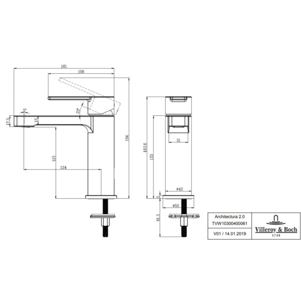 смеситель для раковины villeroy & boch architectura tvw10300400061