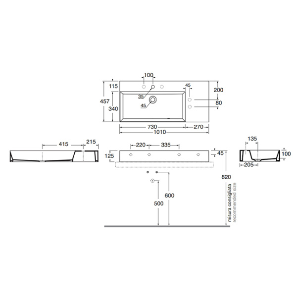 azzurra elegance squared раковина подвесная/накладная, 102x46xh12,5 см, правая, 1 отв., цвет: bianco lucido
