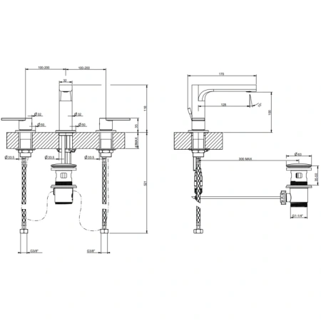 смеситель gessi via manzoni 38612#149 для раковины, на 3 отверстия, средний, с донным клапаном, цвет finox