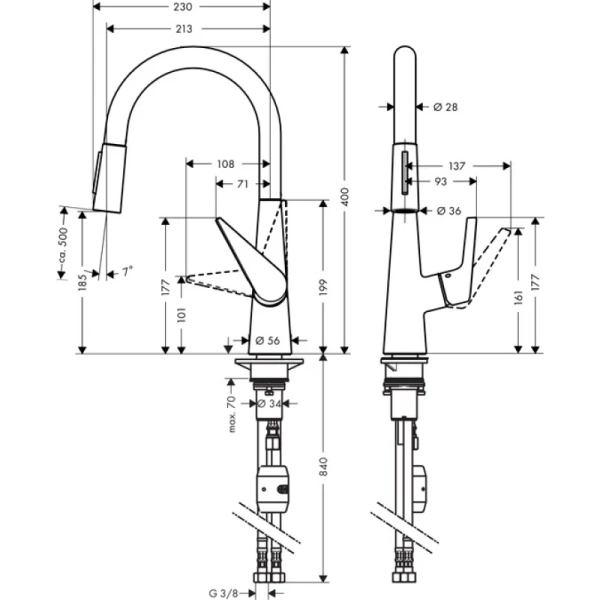 смеситель для кухни с выдвижным душем hansgrohe talis m51 72813000, хром