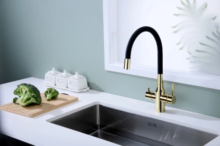 смеситель для кухни с подключением к фильтру paulmark salix sa213419-g, цвет золото/ черный