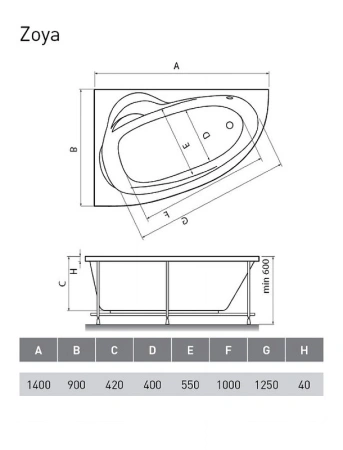 акриловая ванна relisan zoya гл000001247 140x90 l белая