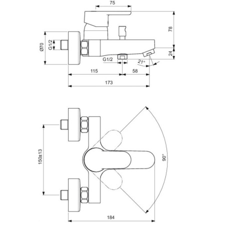 смеситель для ванны с душем ideal standard vito b0412aa