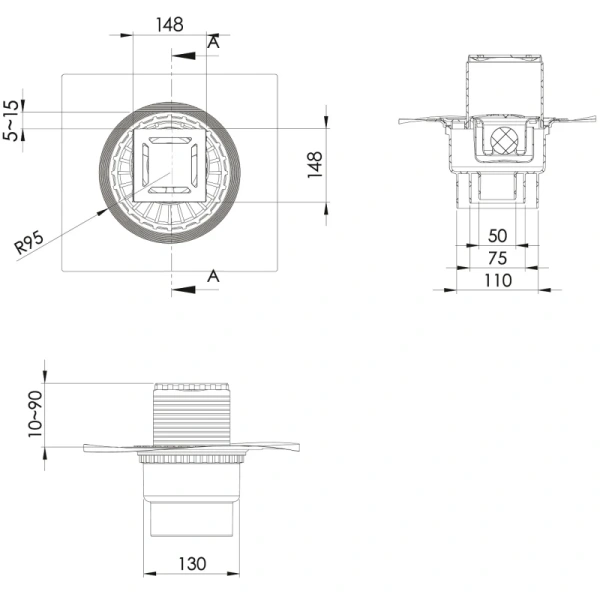 душевой трап berges zentrum norma 150x150 091463 с решеткой хром