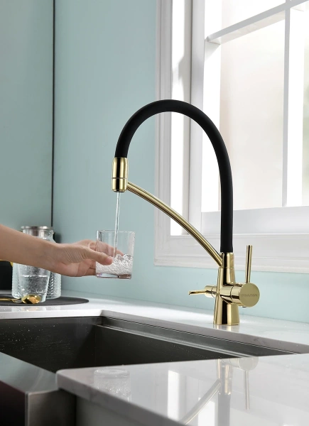 смеситель paulmark siegen si213111-g для кухни, с подключением к фильтру, цвет золото \ черный