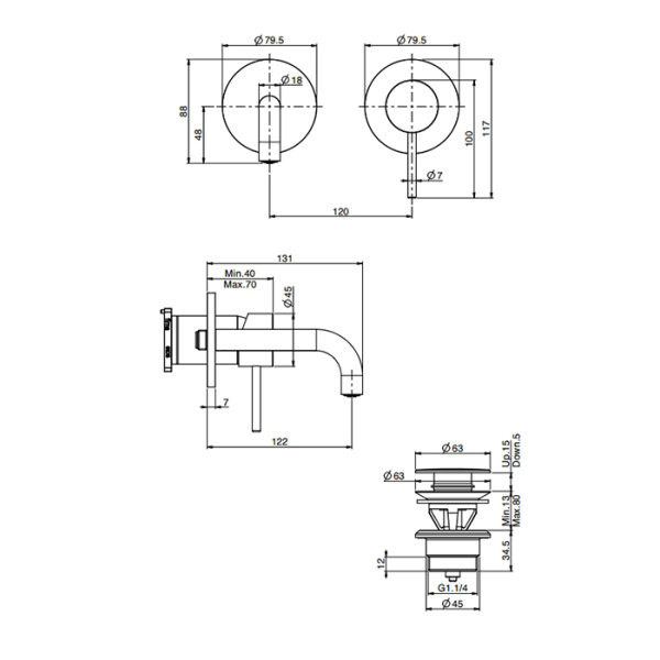 смеситель fima carlo frattini spillo tech для раковины, встраиваемый, ручка "x", излив: 12.2см., с донным клапаном, внешняя часть, цвет хром