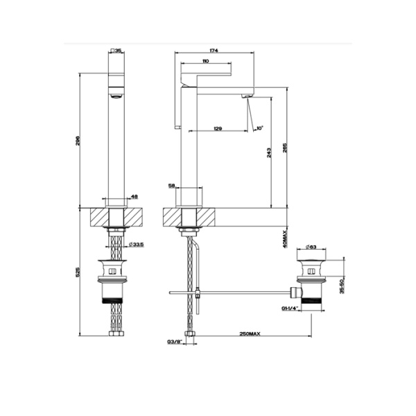 gessi gessi rettangolo смеситель для раковины с донным клапаном и высоким изливом 128мм, цвет: black xl