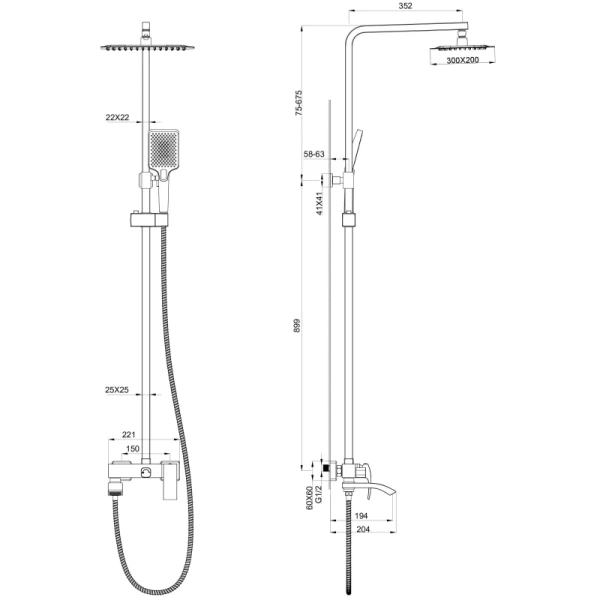 душевая система wonzon & woghand fit ww-88739009-mb 300x200 мм, со смесителем, черный матовый