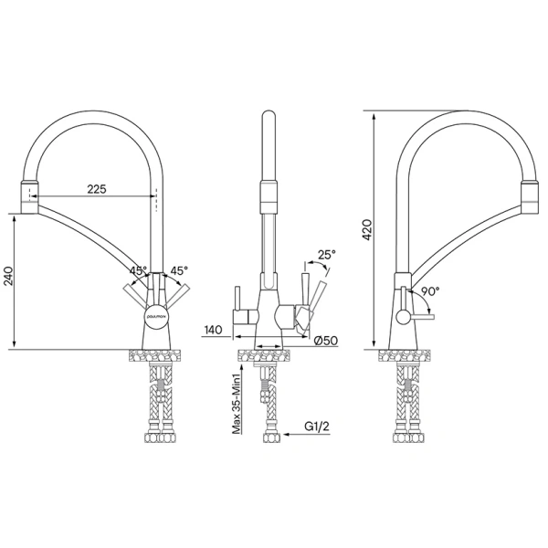 смеситель paulmark siegen si213111-gm для кухни, с подключением к фильтру, цвет вороненая сталь