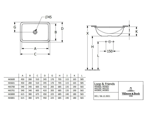 раковина встраиваемая villeroy&boch loop & friends 61,5 см, 4a580101, цвет альпийский белый