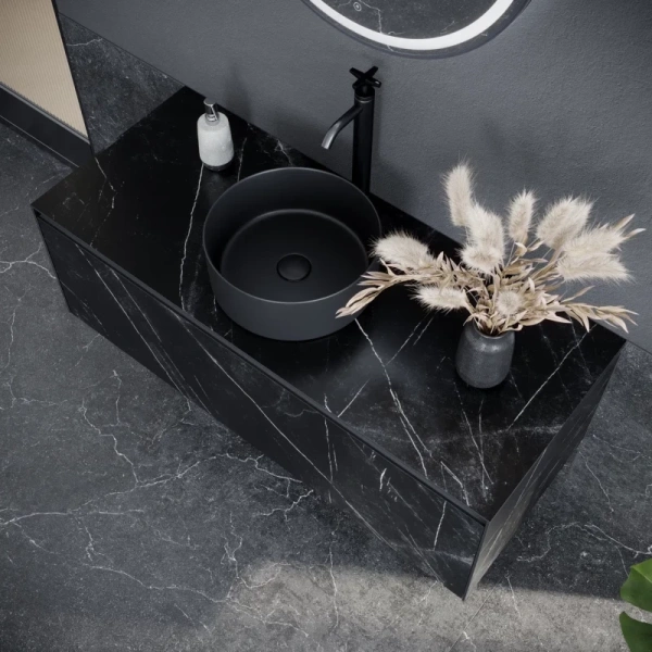 тумба под раковину sancos stone с одним выдвижным ящиком и столешницей из керамогранита 1200х400х495, nero marquina, арт. st120nm