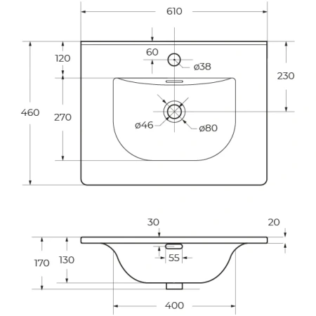 раковина cezares molveno czr-8099-60 61x46 см, накладная, белый