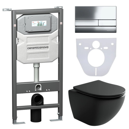 Комплект унитаза с инсталляцией Ceramicanova Metropol CN4002MB_1002CH_1000 с сиденьем микролифт и клавишей смыва Хром